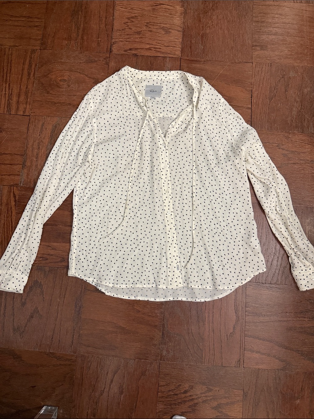 Rails Ivory Blouse with Black Heart Tie-Neck Size M